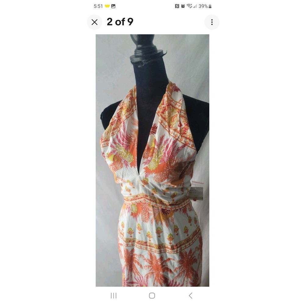 NWOT Taylor Womens Tropical Pineapple Smocked Halter Neck Cotton Maxi Dress SZ 2
